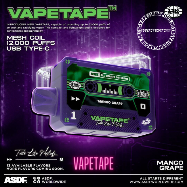 Vapetape 12000 puff disposable vape is the latest addition to the Vape Tape product line. Available at SG Vape Singapore, this high-quality disposable vape offers an impressive 12,000 puffs and is packed with the delicious Solero and mango grape flavor. Explore the features and benefits of Vapetape 12000 puff disposable vape at our vape shop in Singapore.